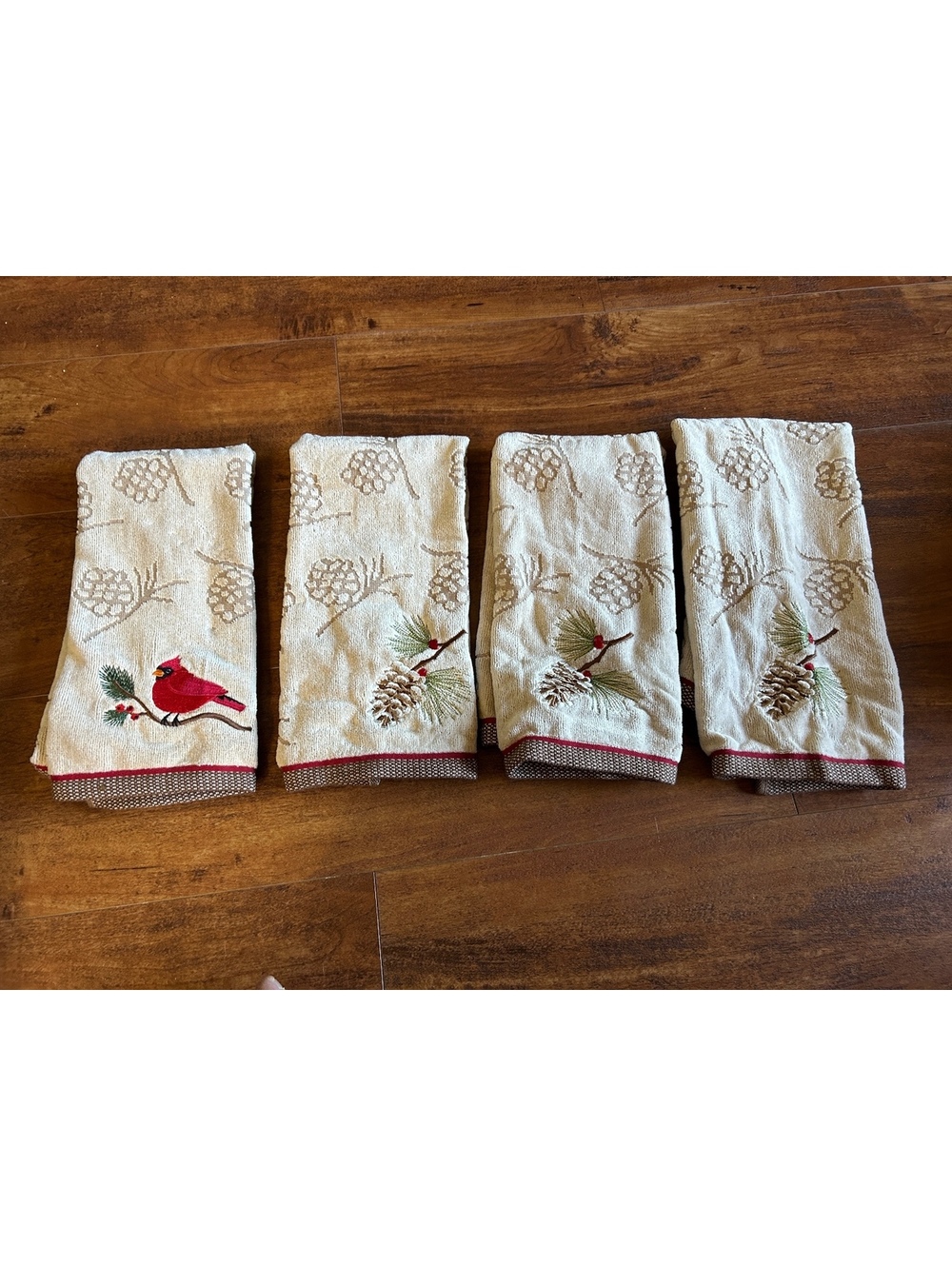 Set of 4 Embroidered Cotton Hand Towels with Pinecone and Cardinal Design